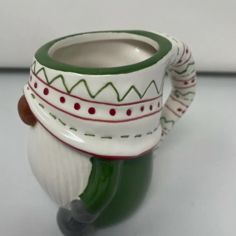 Pottery Barn Christmas GNOME Shaped Mug Green Sweater Scarf Ceramic 12oz NEW